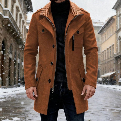 Cozy Wool Coat for Men with Stand Collar Long Sleeve Zip Button Tailored Overcoat Winter Style