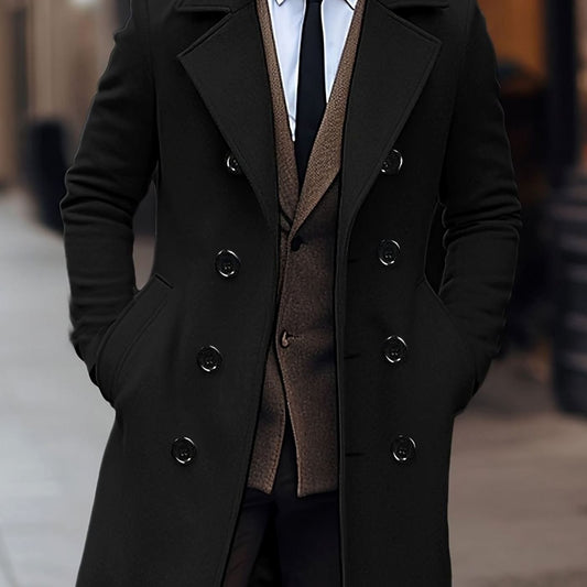 Cozy Black Wool Pea Coat for Men with Peak Lapel Long Sleeve Double Breasted Tailored Overcoat Style