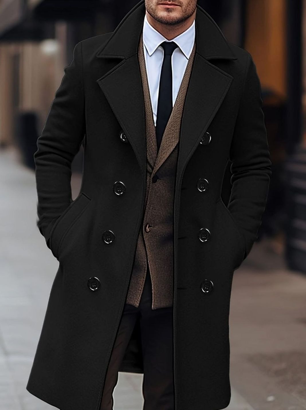 Cozy Black Wool Pea Coat for Men with Peak Lapel Long Sleeve Double Breasted Tailored Overcoat Style