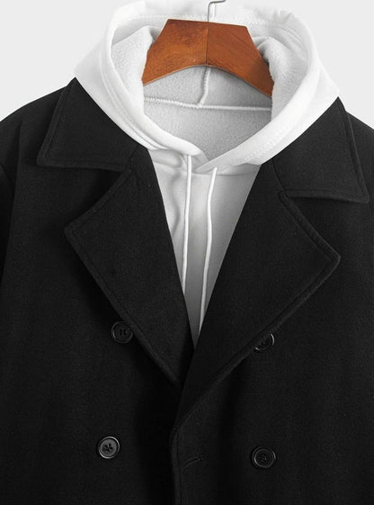 Cozy Black Wool Pea Coat for Men with Peak Lapel Long Sleeve Double Breasted Tailored Overcoat Style