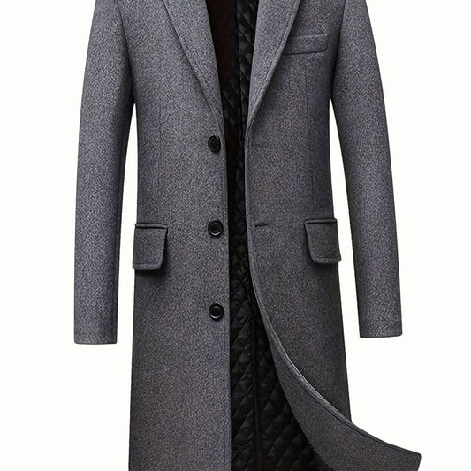 Cozy Gray Wool Long Overcoat for Men with Notched Lapel Long Sleeve Single Breasted Tailored Style