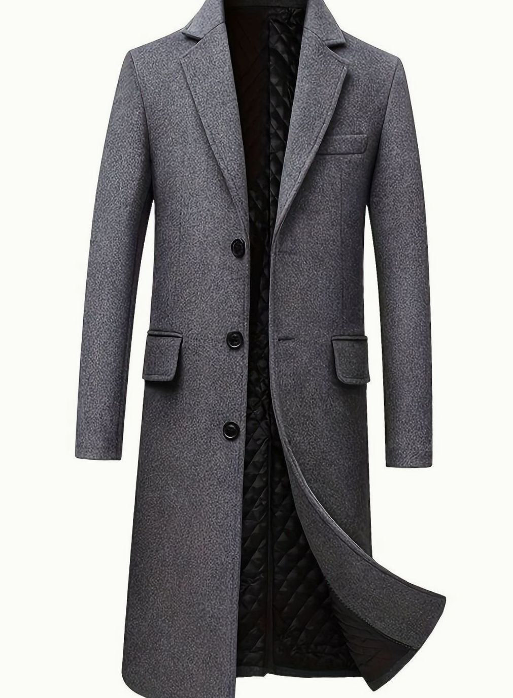 Cozy Gray Wool Long Overcoat for Men with Notched Lapel Long Sleeve Single Breasted Tailored Style