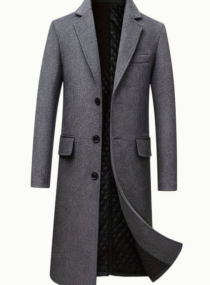 Cozy Gray Wool Long Overcoat for Men with Notched Lapel Long Sleeve Single Breasted Tailored Style
