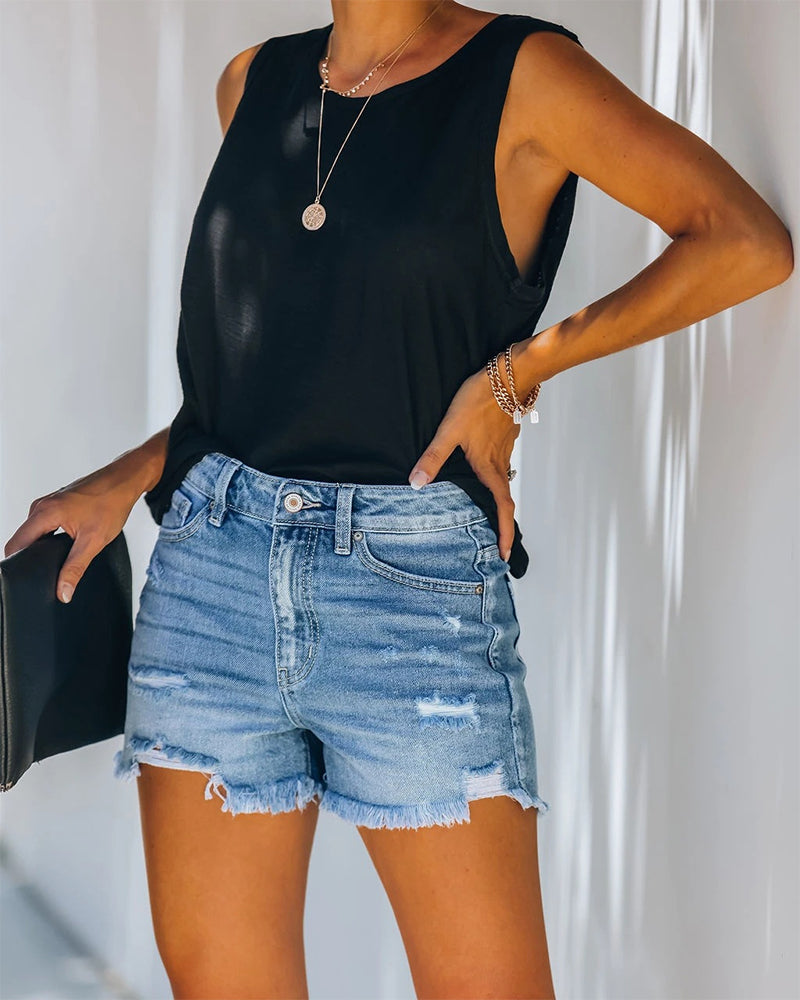 Effortless Distressed Jean Shorts for Women with High Waist Frayed Hem Relaxed Casual Style