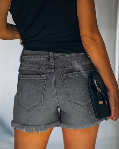 Effortless Distressed Jean Shorts for Women with High Waist Frayed Hem Relaxed Casual Style
