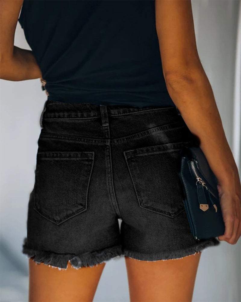 Effortless Distressed Jean Shorts for Women with High Waist Frayed Hem Relaxed Casual Style