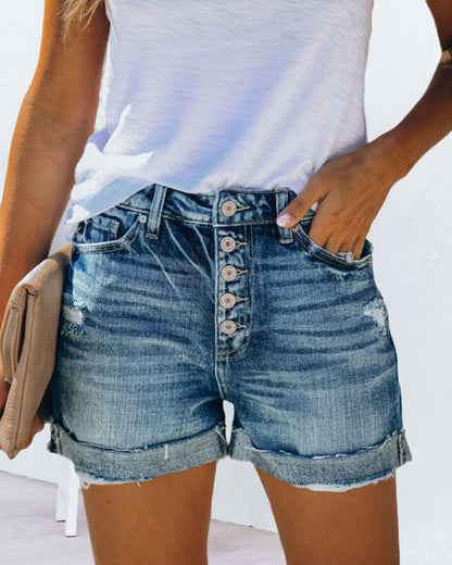 Effortless Blue Jean Shorts for Women with High Waist Button Front Cuffed Distressed Casual Style
