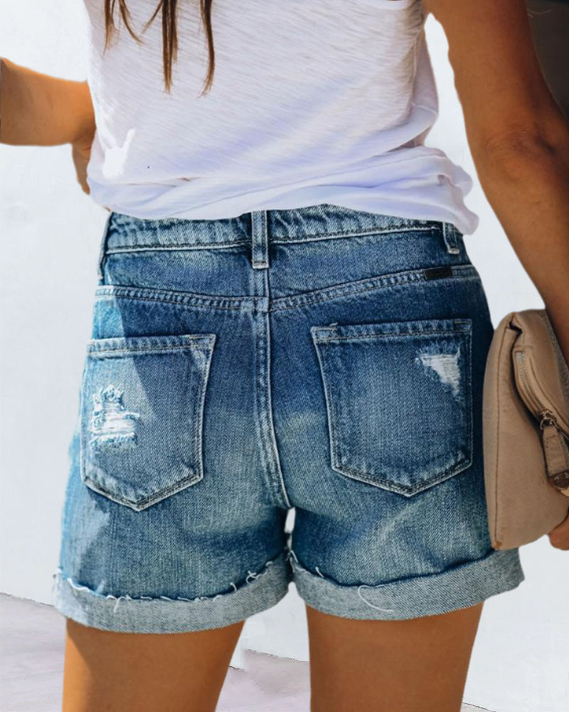 Effortless Blue Jean Shorts for Women with High Waist Button Front Cuffed Distressed Casual Style