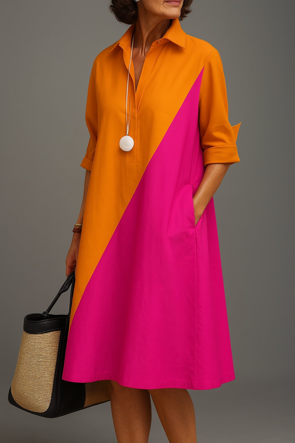 Effortless Colorblock Shirt Dress for Women with Elbow Sleeve Collared Side Pockets Relaxed Style