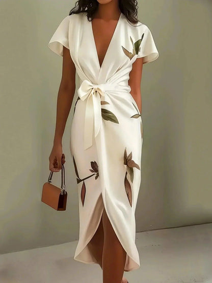 Effortless Floral Wrap Midi Dress for Women in Casual V-Neck Sundress Style