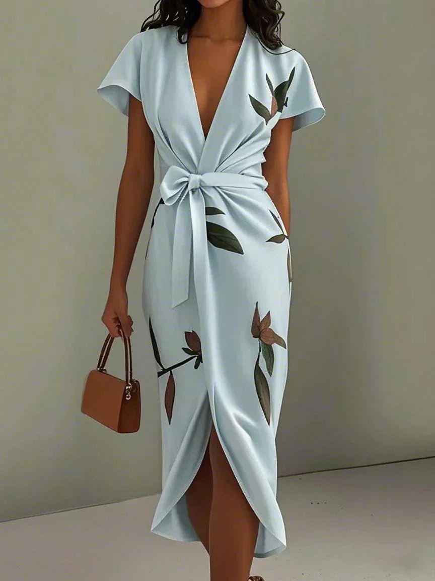 Elegant Floral Wrap Midi Dress for Women with V Neck Short Sleeve Tie Waist Side Slit Formal Wedding Guest Style