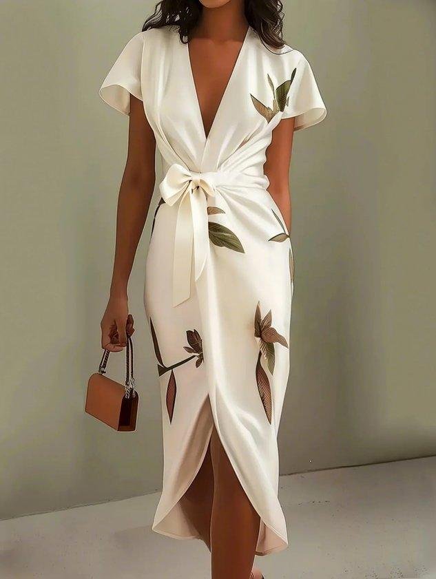 Effortless Floral Wrap Midi Dress for Women in Casual V-Neck Sundress Style