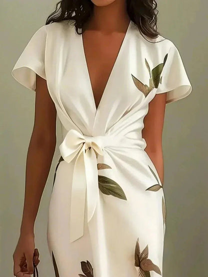 Elegant Floral Wrap Midi Dress for Women with V Neck Short Sleeve Tie Waist Side Slit Formal Wedding Guest Style