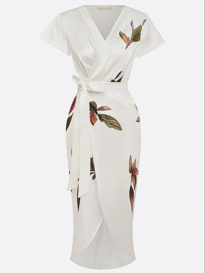 Elegant Floral Wrap Midi Dress for Women with V Neck Short Sleeve Tie Waist Side Slit Formal Wedding Guest Style