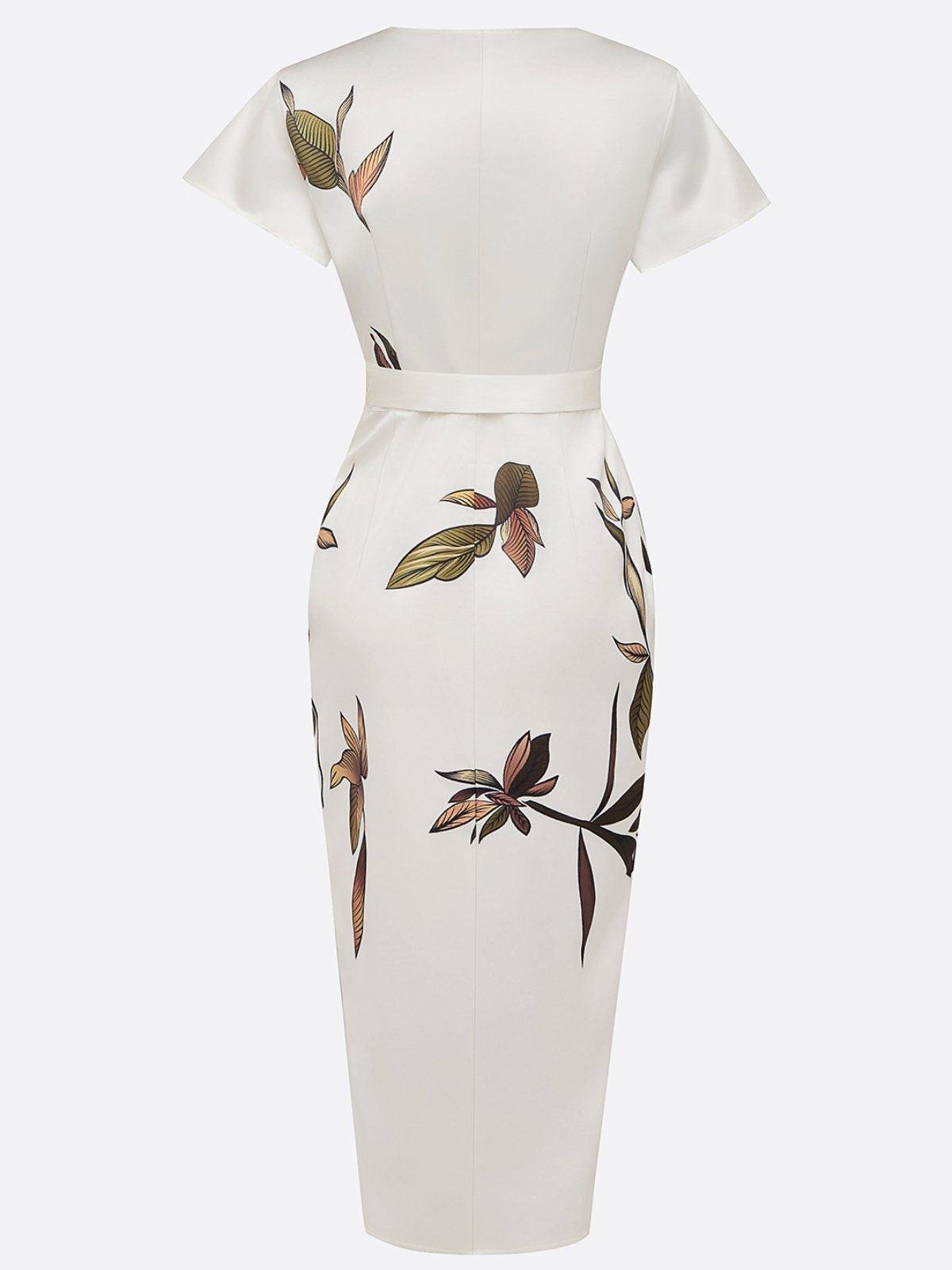 Elegant Floral Wrap Midi Dress for Women with V Neck Short Sleeve Tie Waist Side Slit Formal Wedding Guest Style