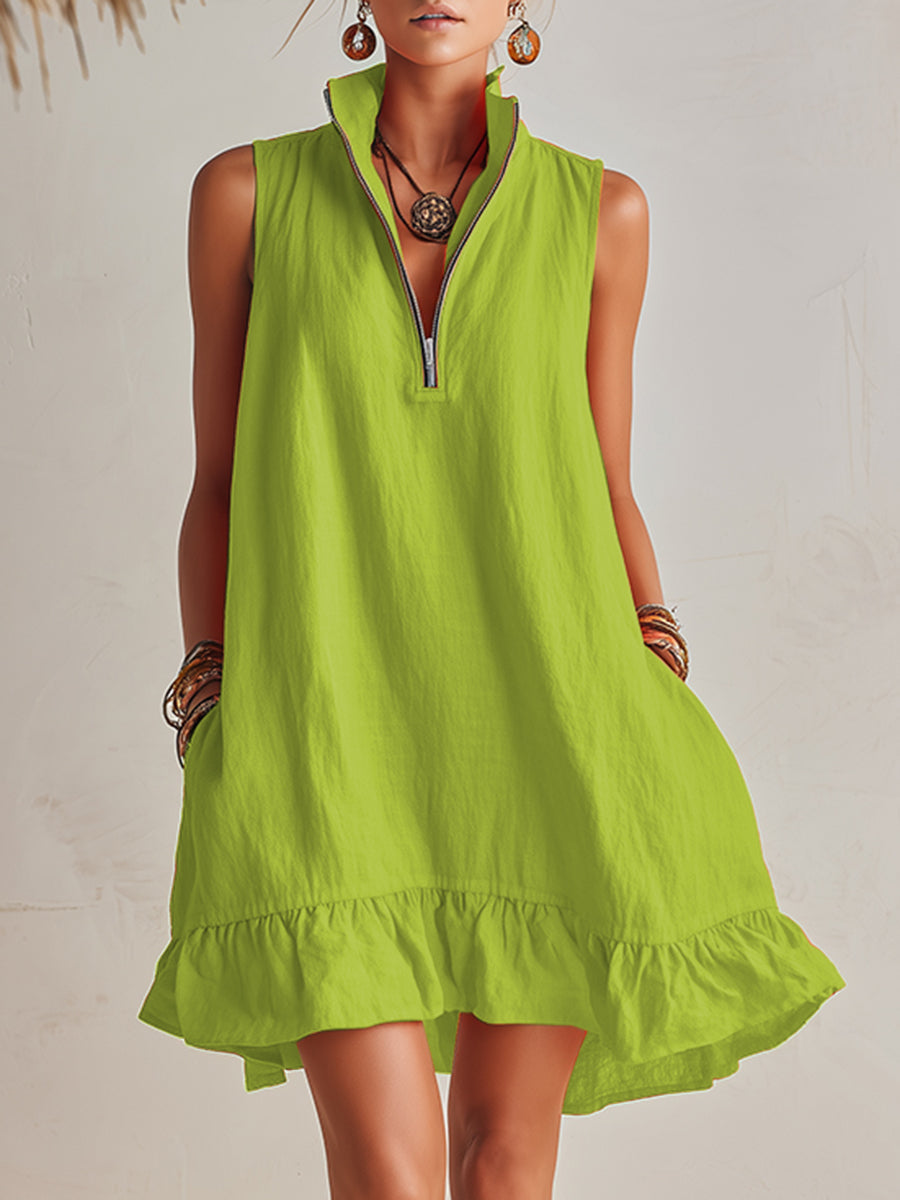 Effortless Linen Mini Dress for Women with Zip Collar Sleeveless Ruffle Hem Flowing Style