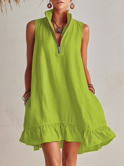 Effortless Linen Mini Dress for Women with Zip Collar Sleeveless Ruffle Hem Flowing Style