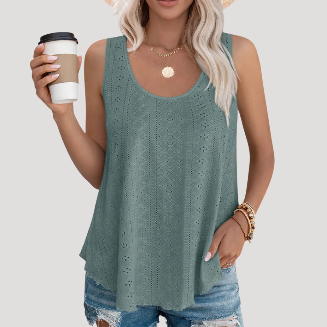 Effortless Eyelet Tank Top for Women with Scoop Neck Sleeveless Flowy Relaxed Summer Style