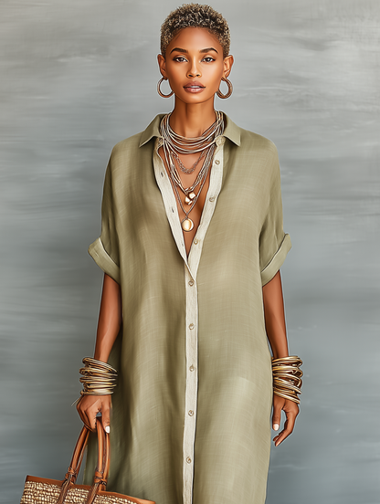 Effortless Shirt Dress for Women with Collared Neck Button Front Elbow Sleeve Linen Oversized Casual Maxi Style
