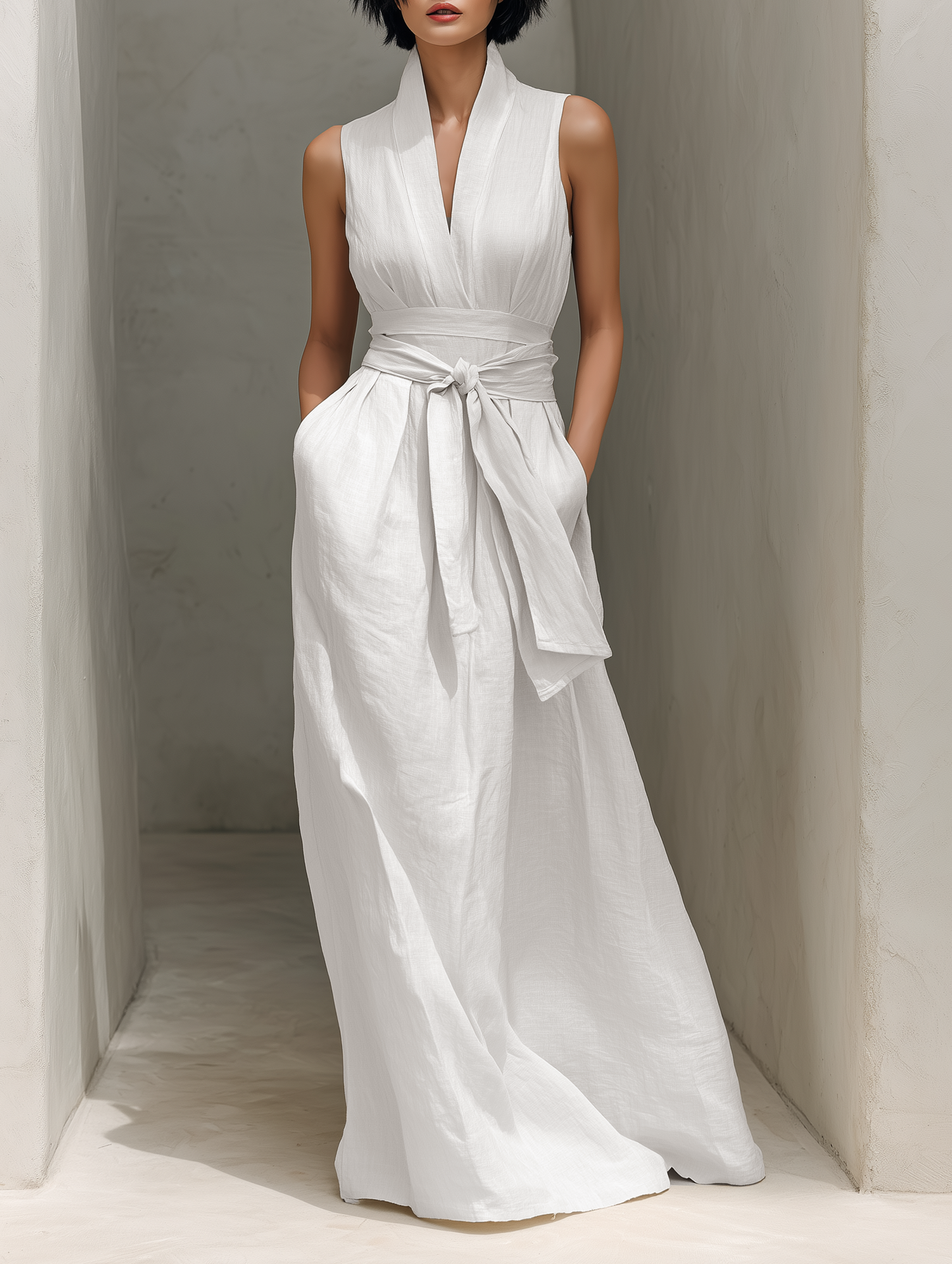 Elegant White Dresses for Women with V Neck Tie Waist Sleeveless Linen Flowing Casual Maxi Style