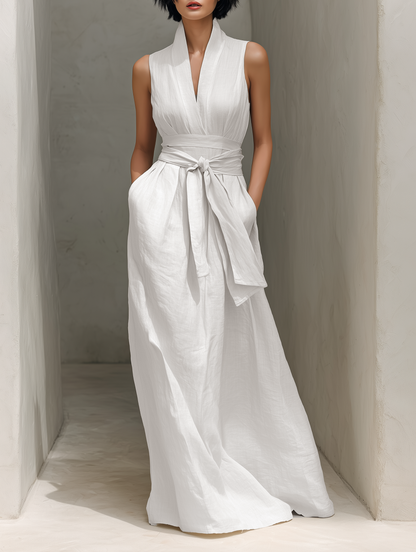 Elegant White Dresses for Women with V Neck Tie Waist Sleeveless Linen Flowing Casual Maxi Style