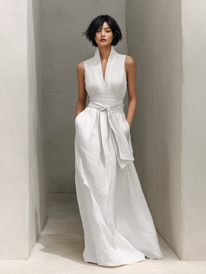 Elegant White Dresses for Women with V Neck Tie Waist Sleeveless Linen Flowing Casual Maxi Style