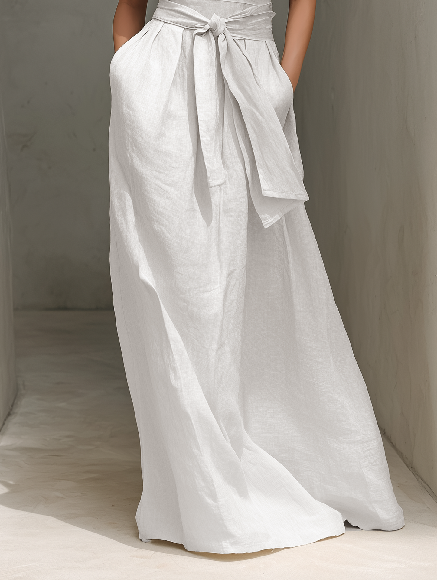 Elegant White Dresses for Women with V Neck Tie Waist Sleeveless Linen Flowing Casual Maxi Style