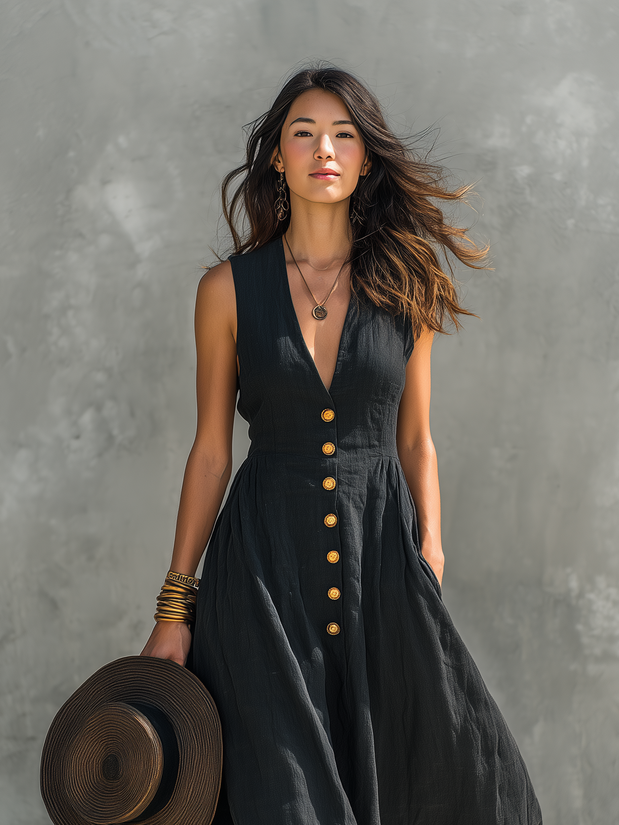 Effortless Black Dress for Women with V Neck Gold Button Front Linen Sleeveless Casual Maxi Style