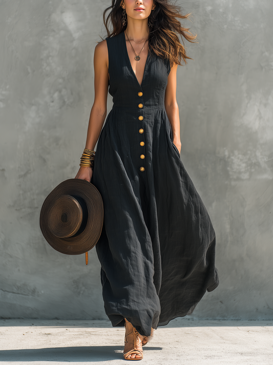 Effortless Black Dress for Women with V Neck Gold Button Front Linen Sleeveless Casual Maxi Style