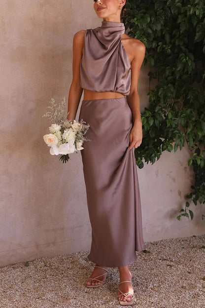 Elegant Satin Two Piece Set for Women with Halter Crop Top Maxi Skirt Wedding Guest Style