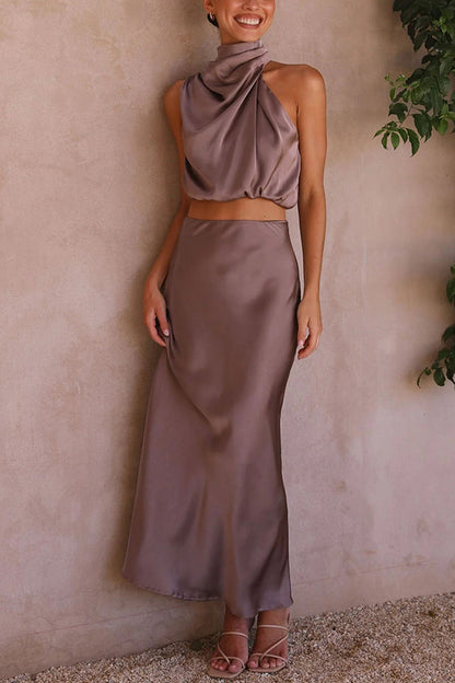Elegant Satin Two Piece Set for Women with Halter Crop Top Maxi Skirt Wedding Guest Style