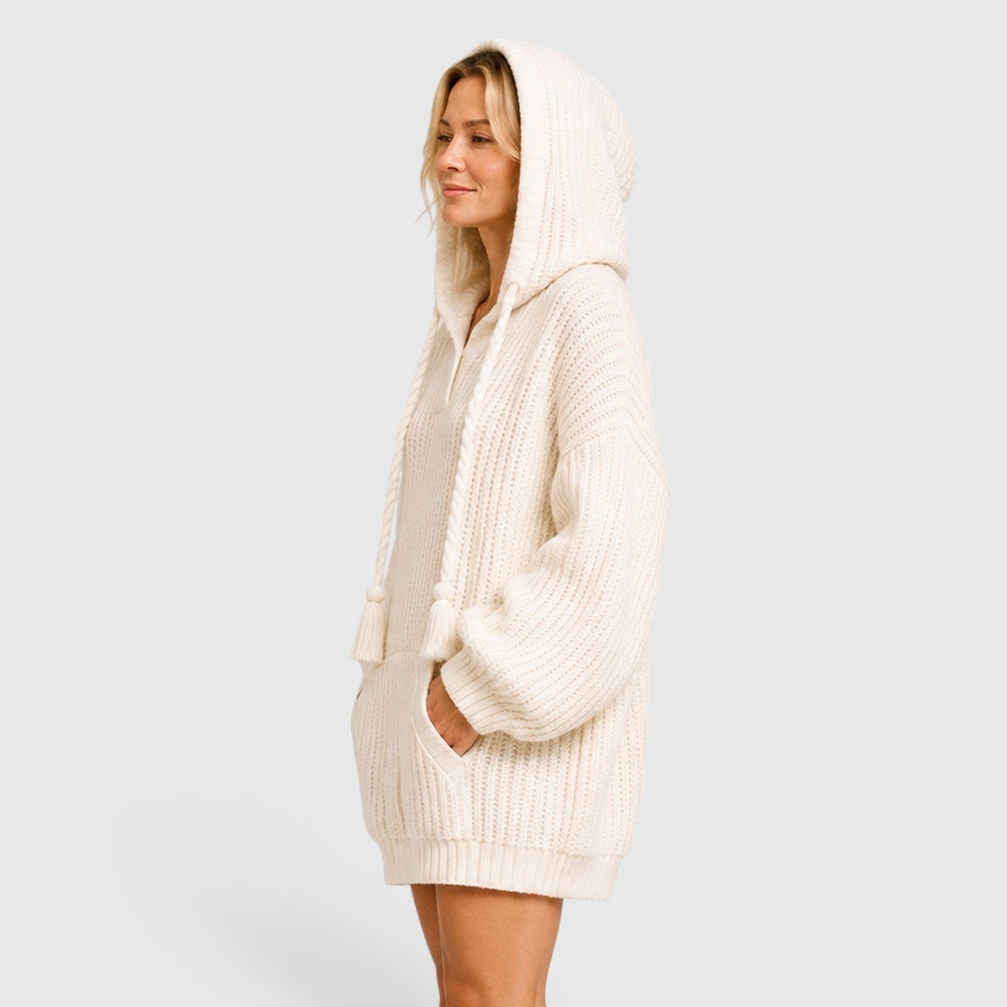 Comfortable Black Ribbed Knit Hoodie for Women with V Neck Long Sleeve Oversized Drawstring Style