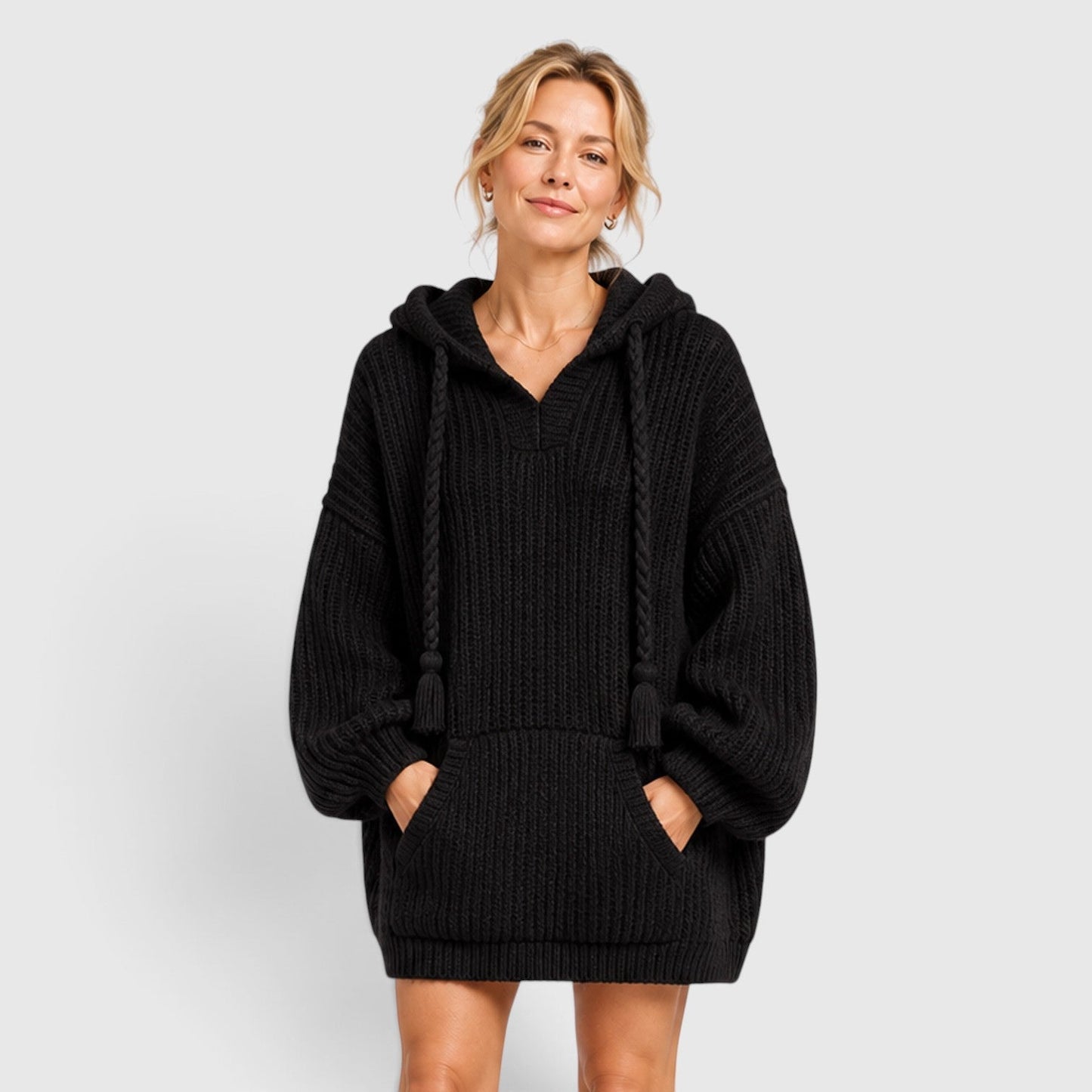 Comfortable Black Ribbed Knit Hoodie for Women with V Neck Long Sleeve Oversized Drawstring Style