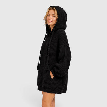 Comfortable Black Ribbed Knit Hoodie for Women with V Neck Long Sleeve Oversized Drawstring Style