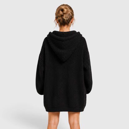 Comfortable Black Ribbed Knit Hoodie for Women with V Neck Long Sleeve Oversized Drawstring Style