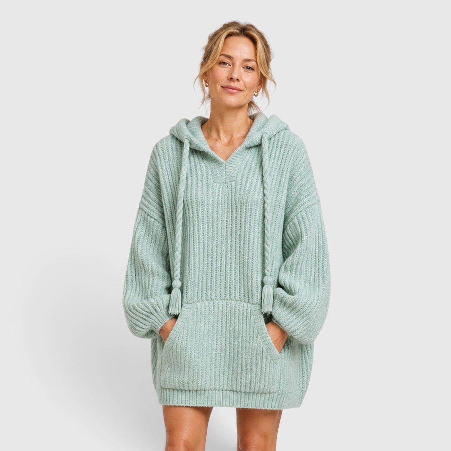 Comfortable Black Ribbed Knit Hoodie for Women with V Neck Long Sleeve Oversized Drawstring Style