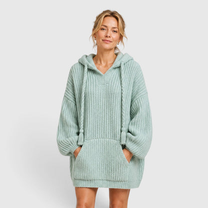 Comfortable Black Ribbed Knit Hoodie for Women with V Neck Long Sleeve Oversized Drawstring Style