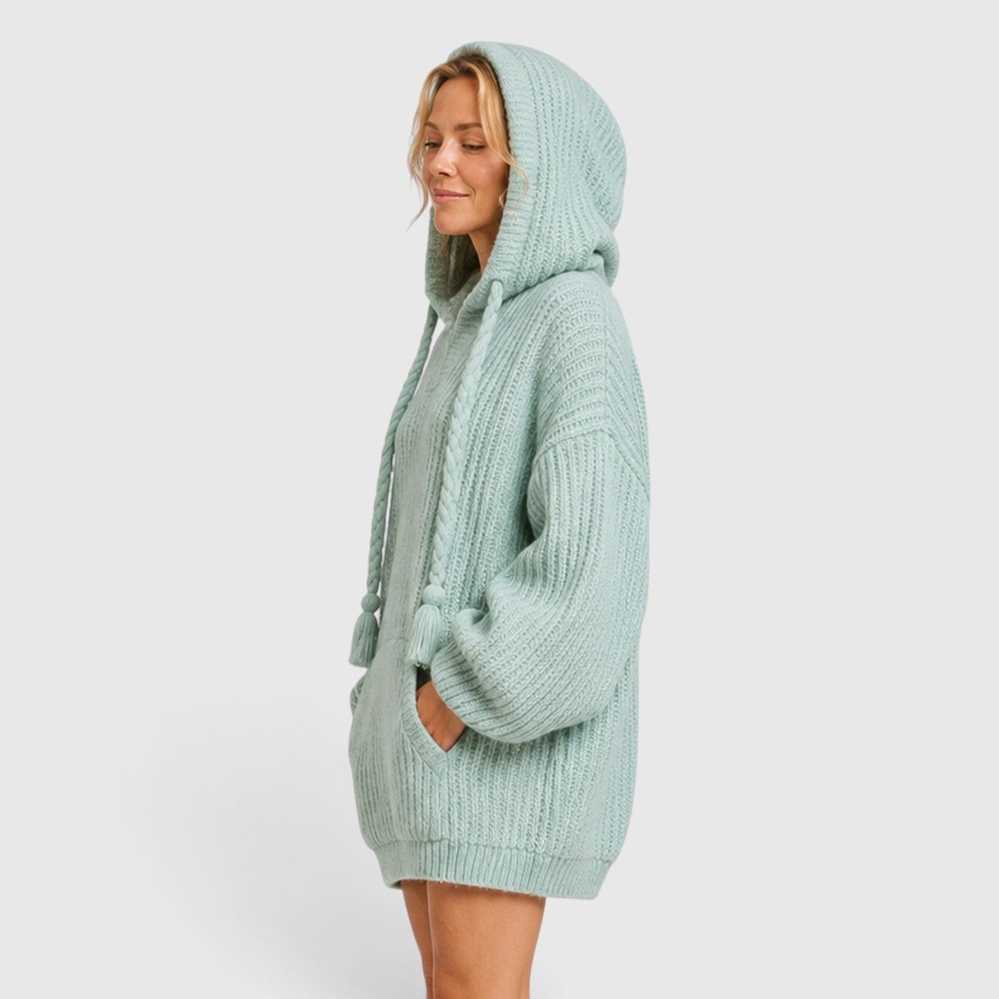 Comfortable Black Ribbed Knit Hoodie for Women with V Neck Long Sleeve Oversized Drawstring Style