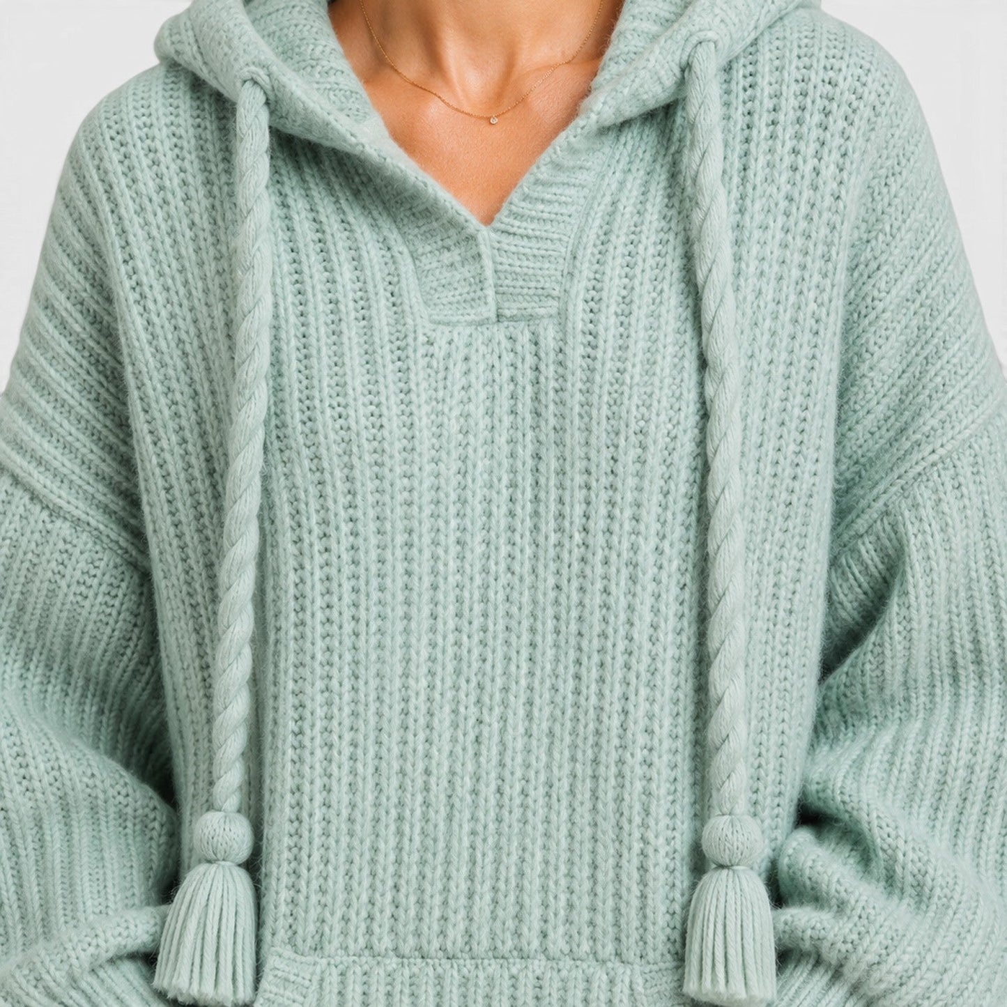 Comfortable Black Ribbed Knit Hoodie for Women with V Neck Long Sleeve Oversized Drawstring Style