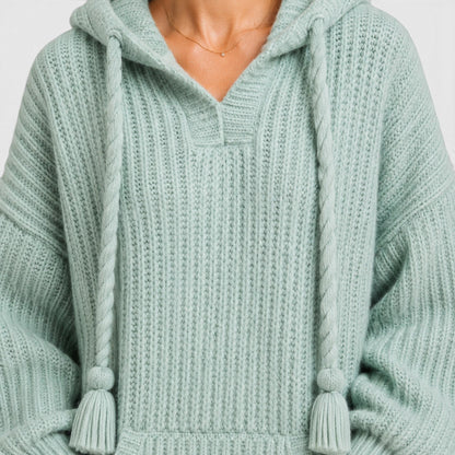 Comfortable Black Ribbed Knit Hoodie for Women with V Neck Long Sleeve Oversized Drawstring Style