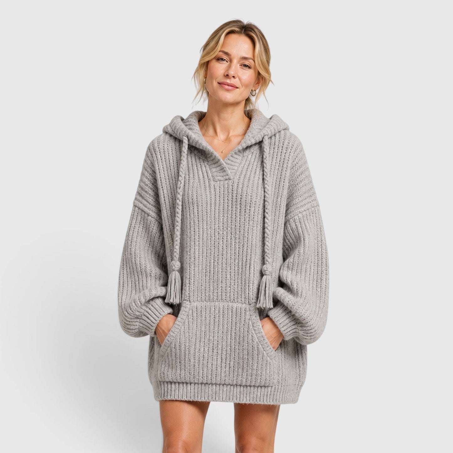Comfortable Black Ribbed Knit Hoodie for Women with V Neck Long Sleeve Oversized Drawstring Style