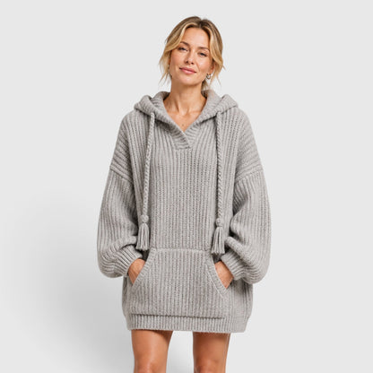 Comfortable Black Ribbed Knit Hoodie for Women with V Neck Long Sleeve Oversized Drawstring Style