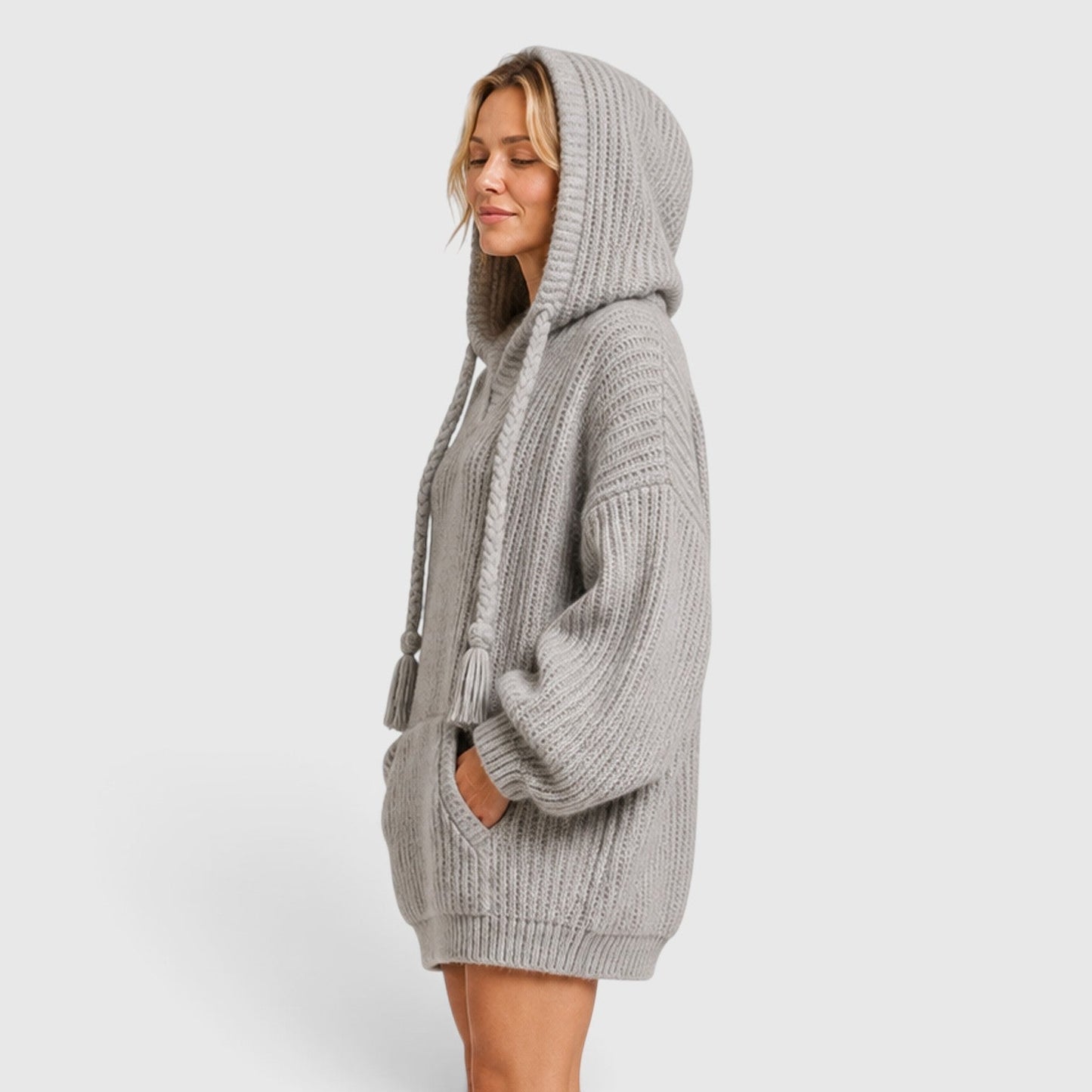 Comfortable Black Ribbed Knit Hoodie for Women with V Neck Long Sleeve Oversized Drawstring Style