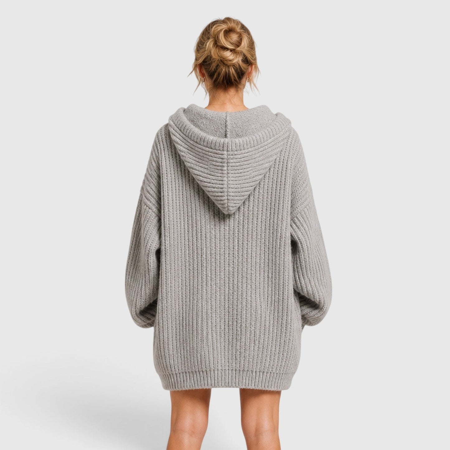 Comfortable Black Ribbed Knit Hoodie for Women with V Neck Long Sleeve Oversized Drawstring Style