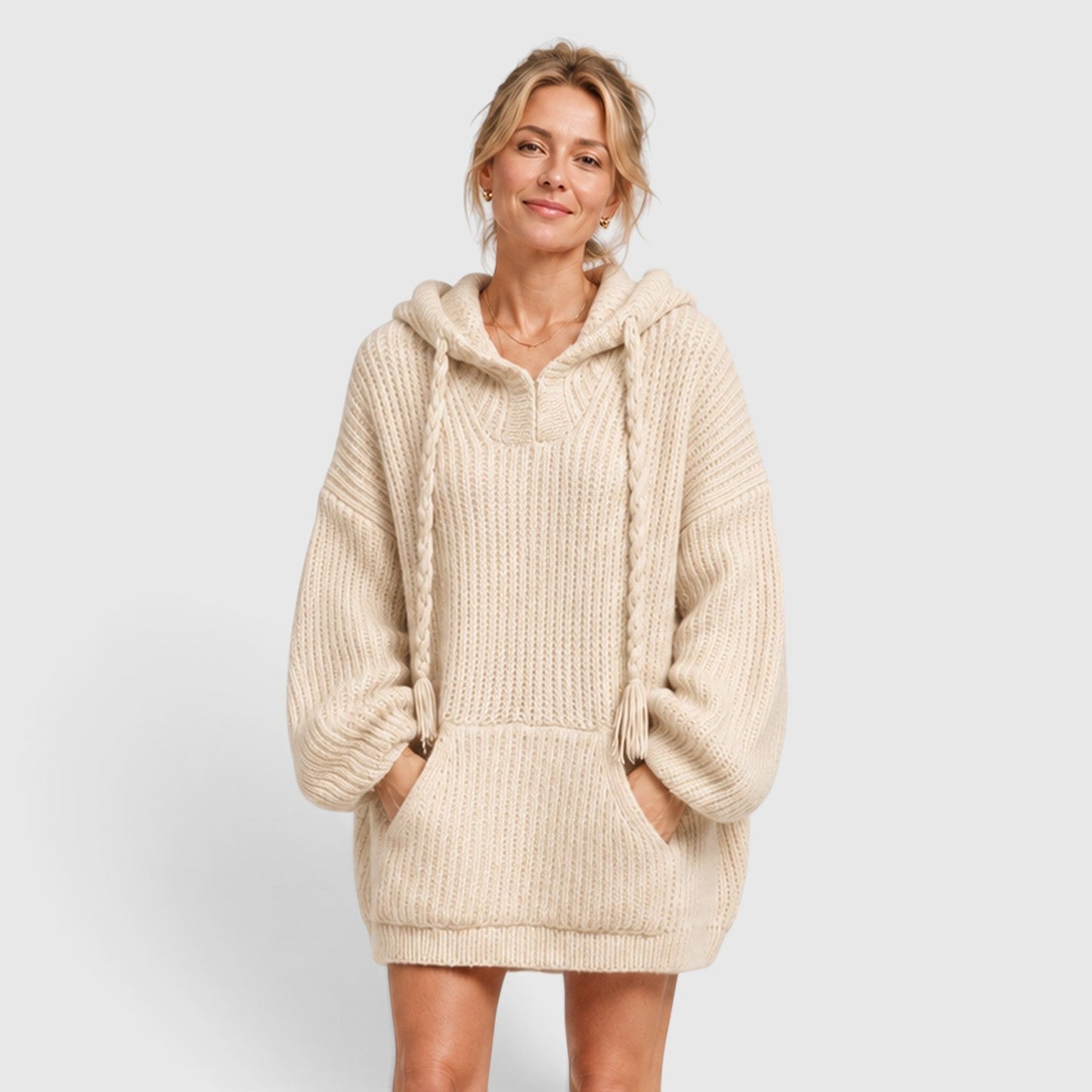 Comfortable Black Ribbed Knit Hoodie for Women with V Neck Long Sleeve Oversized Drawstring Style