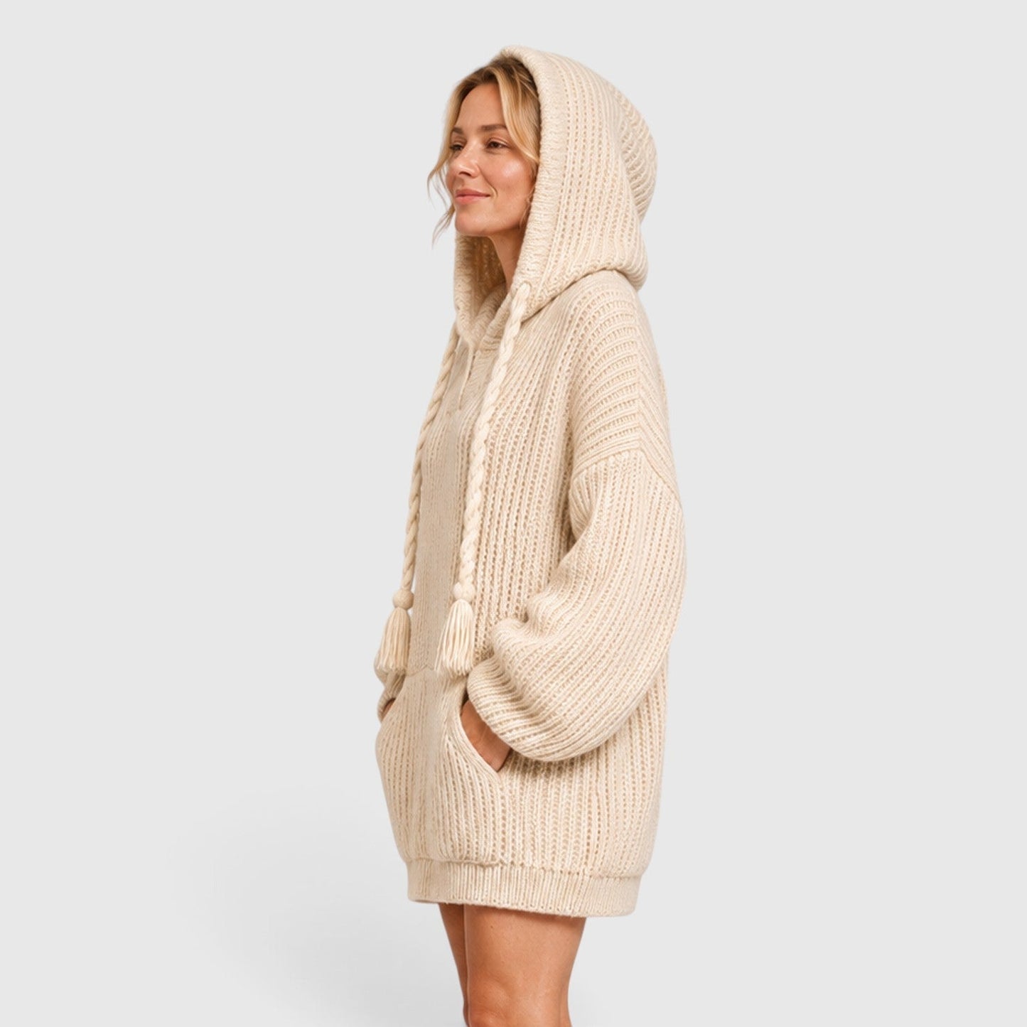 Comfortable Black Ribbed Knit Hoodie for Women with V Neck Long Sleeve Oversized Drawstring Style