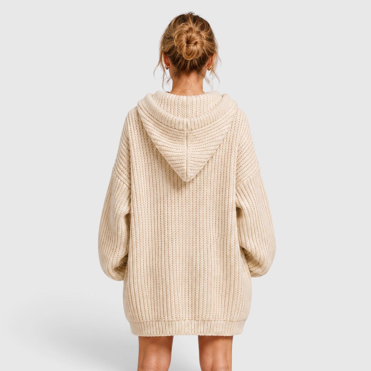 Comfortable Black Ribbed Knit Hoodie for Women with V Neck Long Sleeve Oversized Drawstring Style