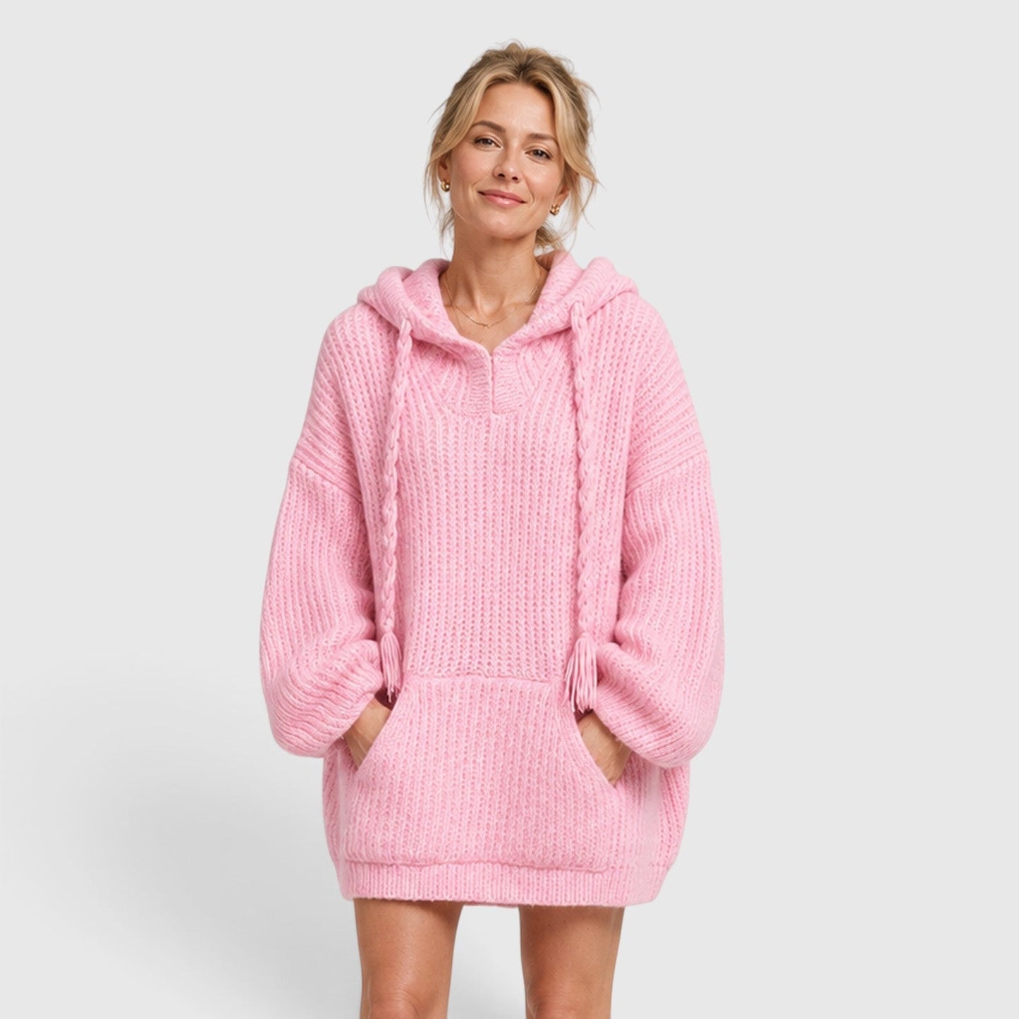 Comfortable Black Ribbed Knit Hoodie for Women with V Neck Long Sleeve Oversized Drawstring Style