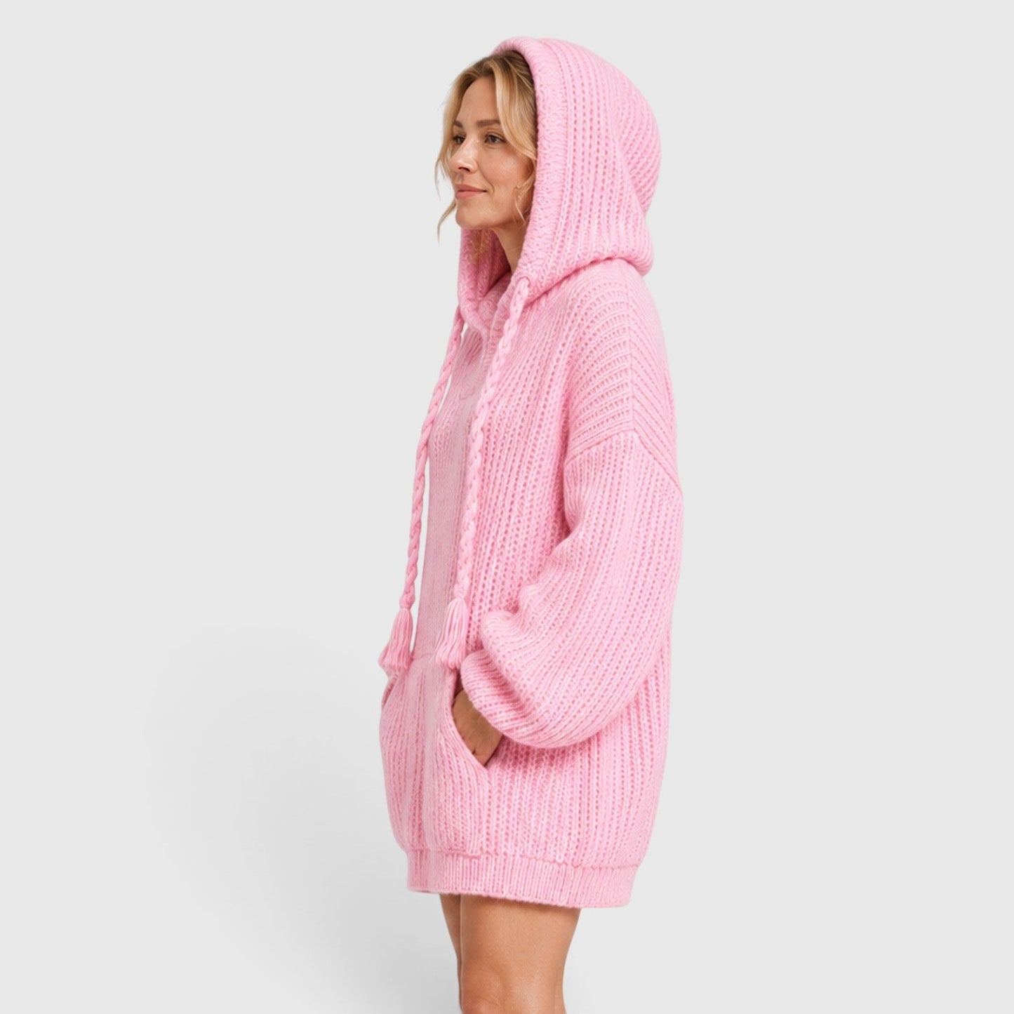 Comfortable Black Ribbed Knit Hoodie for Women with V Neck Long Sleeve Oversized Drawstring Style
