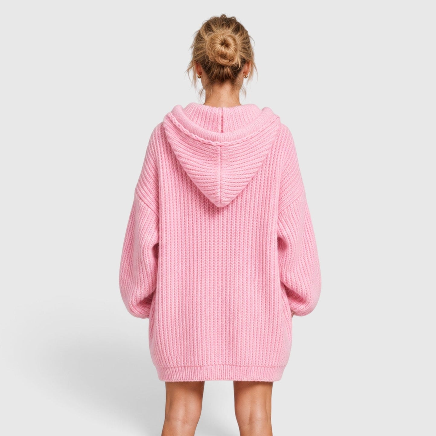 Comfortable Black Ribbed Knit Hoodie for Women with V Neck Long Sleeve Oversized Drawstring Style